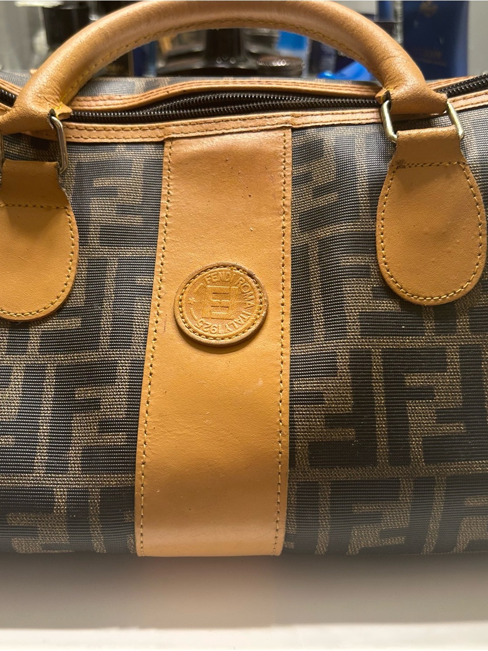 Fendi Brown FF Logo Duffel with Tan Leather Trim